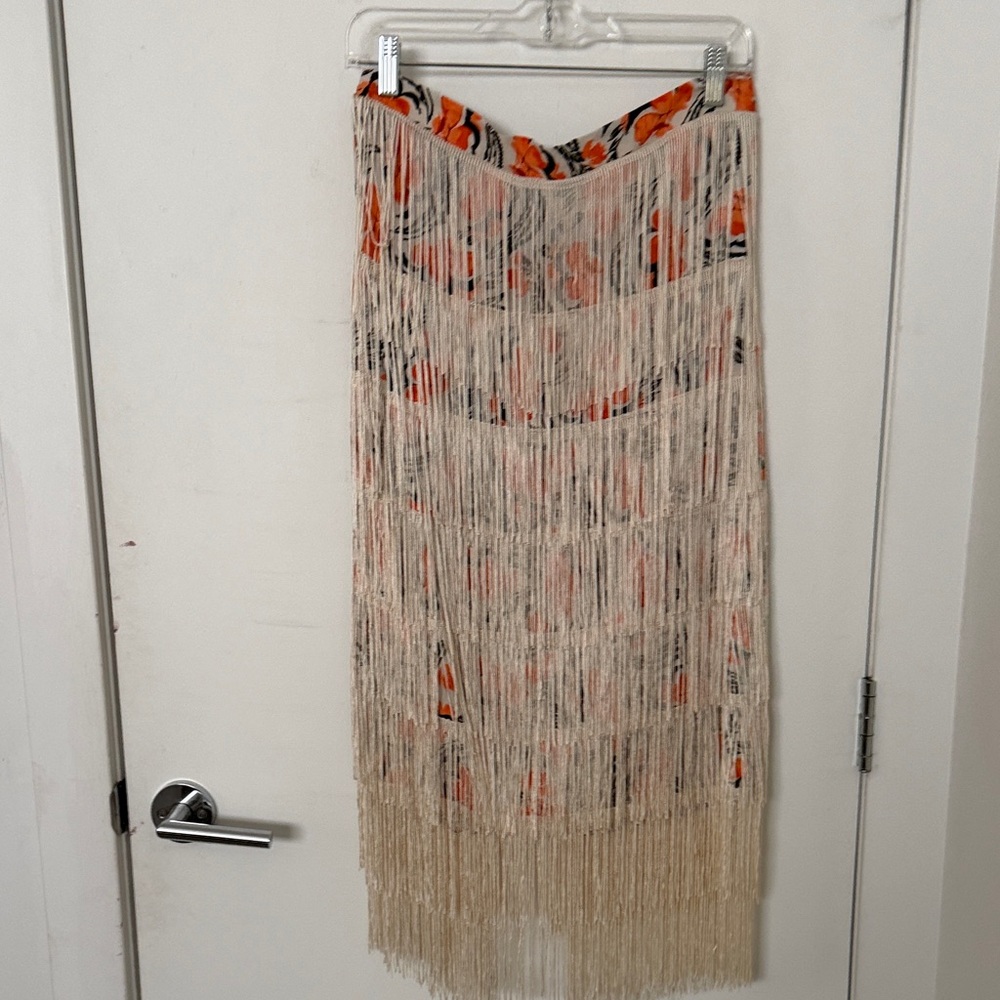 Anthropologie Cream Fringe Maxi Skirt with Orange Floral Underlay